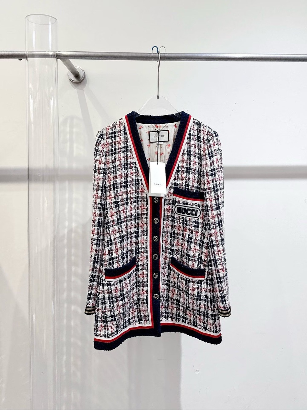 Gucci Navy Red White Tweed V-Neck Cardigan Jacket